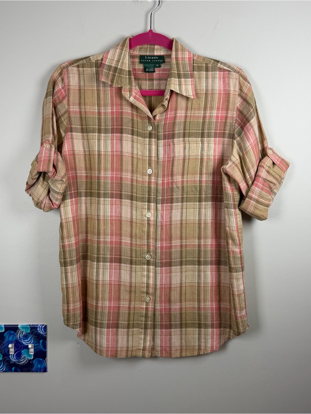 Lauren Ralph Lauren Tan Pink Plaid Linen Button Up Roll Sleeves Top Shirt Medium